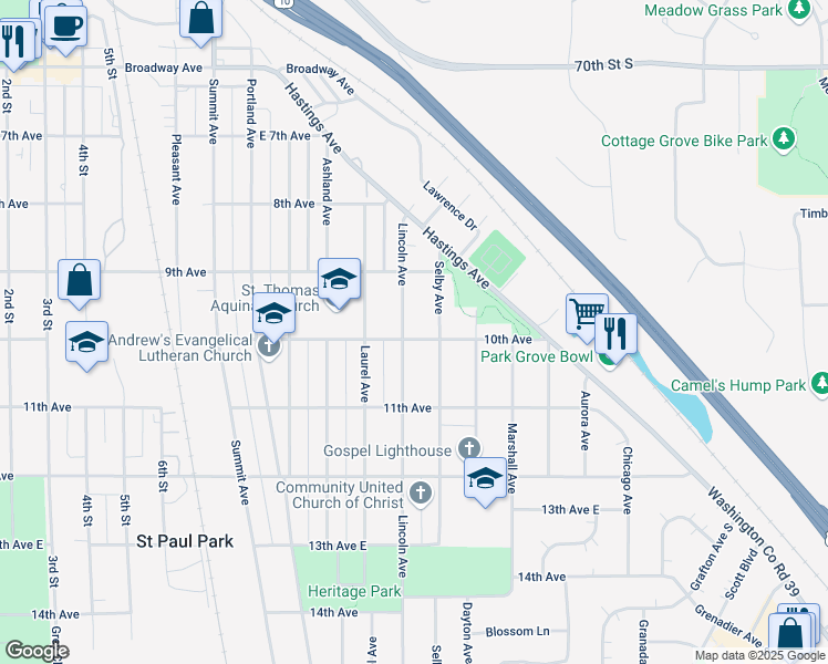 map of restaurants, bars, coffee shops, grocery stores, and more near 932 Lincoln Avenue in Saint Paul Park