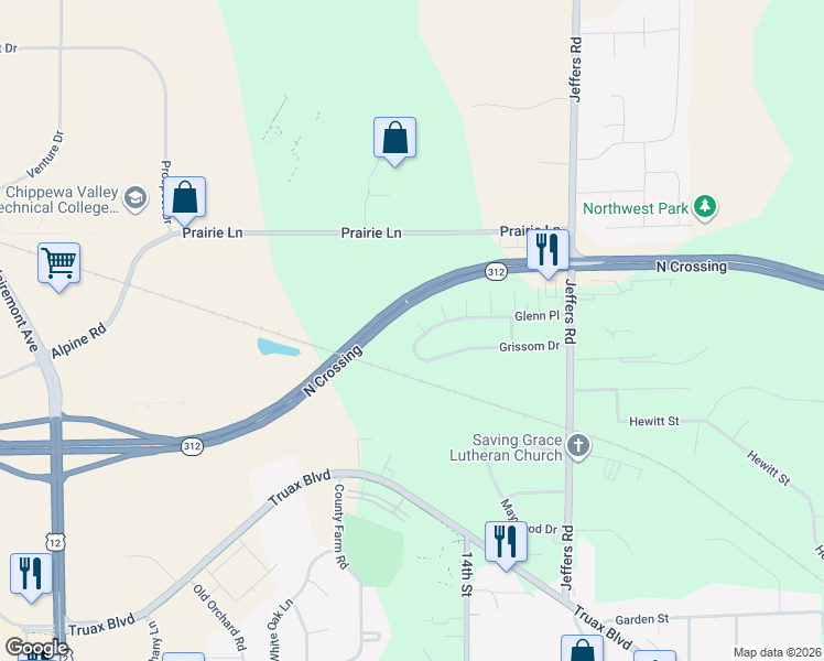 map of restaurants, bars, coffee shops, grocery stores, and more near 1410 Glenn Place in Eau Claire
