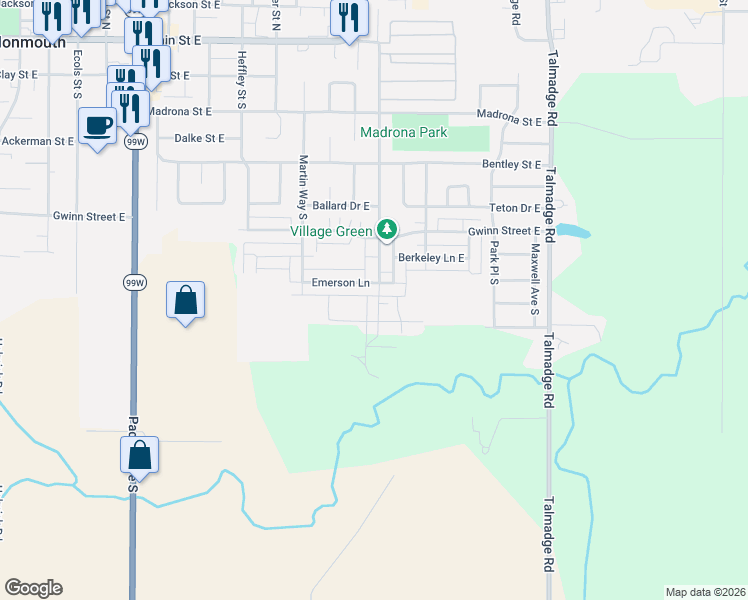 map of restaurants, bars, coffee shops, grocery stores, and more near 832 Edwards Road South in Monmouth