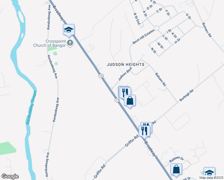 map of restaurants, bars, coffee shops, grocery stores, and more near 1305 Broadway in Bangor