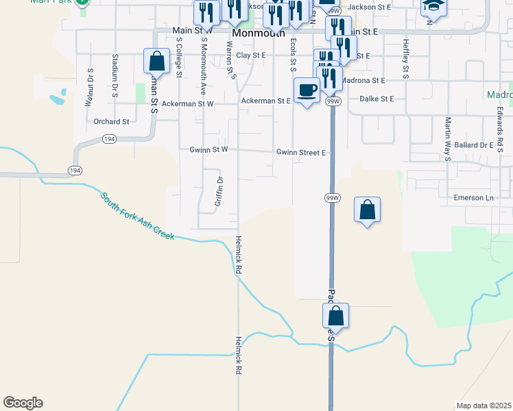 map of restaurants, bars, coffee shops, grocery stores, and more near 844 Ecols Street South in Monmouth
