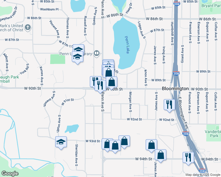 map of restaurants, bars, coffee shops, grocery stores, and more near 8942 Newton Avenue South in Minneapolis