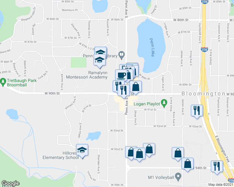 map of restaurants, bars, coffee shops, grocery stores, and more near 2400 West 90th Street in Bloomington