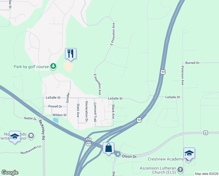 map of restaurants, bars, coffee shops, grocery stores, and more near 2301 East Princeton Avenue in Eau Claire