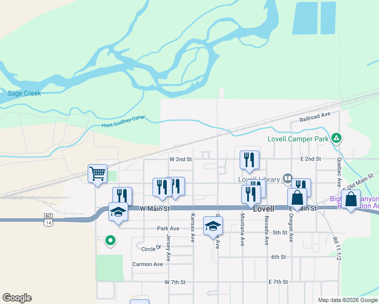map of restaurants, bars, coffee shops, grocery stores, and more near 101 West 2nd Street in Lovell