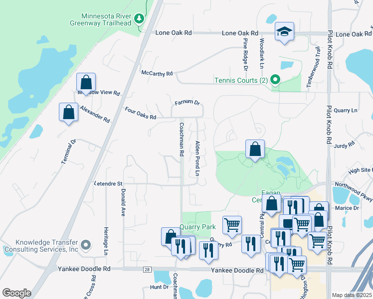 map of restaurants, bars, coffee shops, grocery stores, and more near 3185 Alden Pond Lane in Eagan