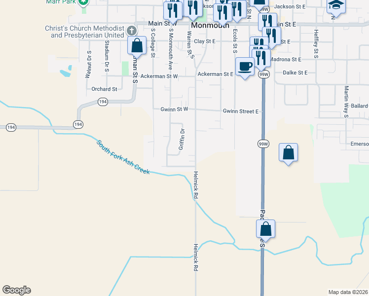 map of restaurants, bars, coffee shops, grocery stores, and more near 822 Warren Street South in Monmouth