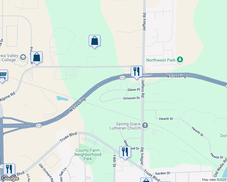 map of restaurants, bars, coffee shops, grocery stores, and more near 1321 Glenn Place in Eau Claire