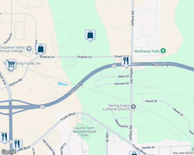 map of restaurants, bars, coffee shops, grocery stores, and more near 1410 Glenn Place in Eau Claire