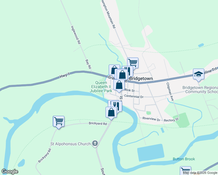 map of restaurants, bars, coffee shops, grocery stores, and more near 15 Court Street in Bridgetown