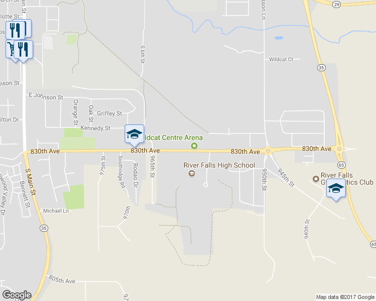 map of restaurants, bars, coffee shops, grocery stores, and more near 818 830th Avenue in River Falls