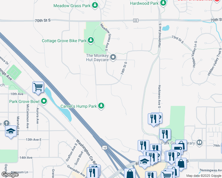 map of restaurants, bars, coffee shops, grocery stores, and more near 7699 Aspen Cove South in Cottage Grove
