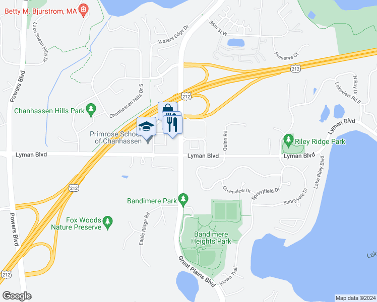 map of restaurants, bars, coffee shops, grocery stores, and more near 8967 Southwest Village Loop in Chanhassen