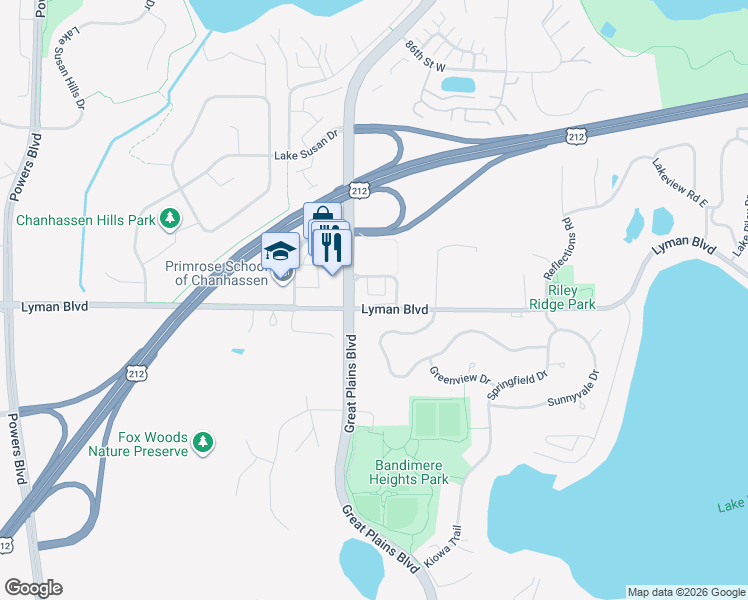 map of restaurants, bars, coffee shops, grocery stores, and more near 8943 Southwest Village Loop in Chanhassen