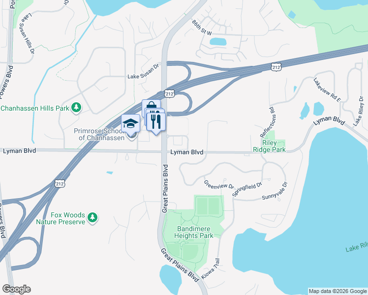 map of restaurants, bars, coffee shops, grocery stores, and more near 8943 Southwest Village Loop in Chanhassen