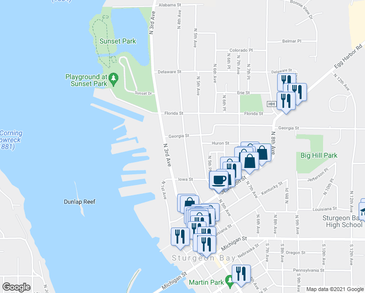 map of restaurants, bars, coffee shops, grocery stores, and more near 511 North 4th Avenue in Sturgeon Bay