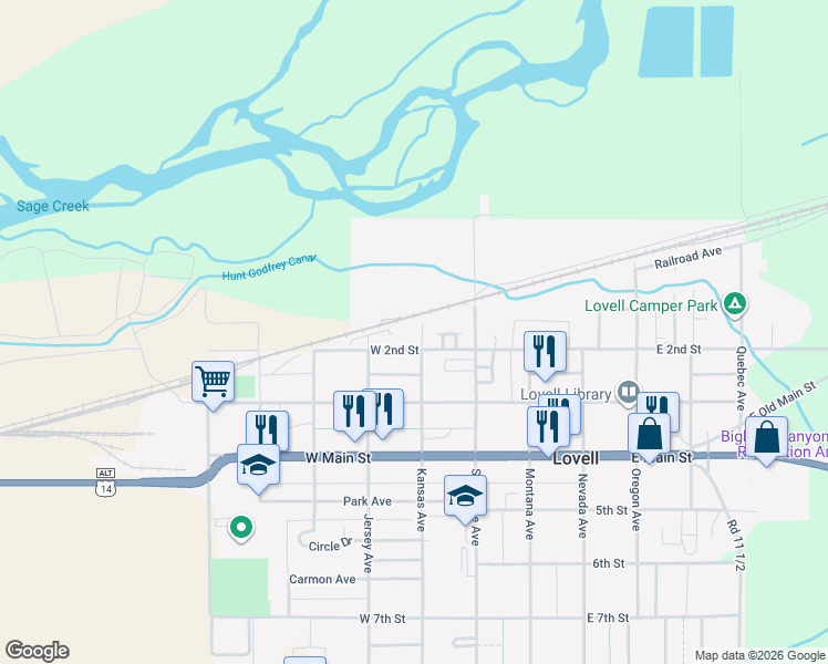 map of restaurants, bars, coffee shops, grocery stores, and more near 101 West 2nd Street in Lovell