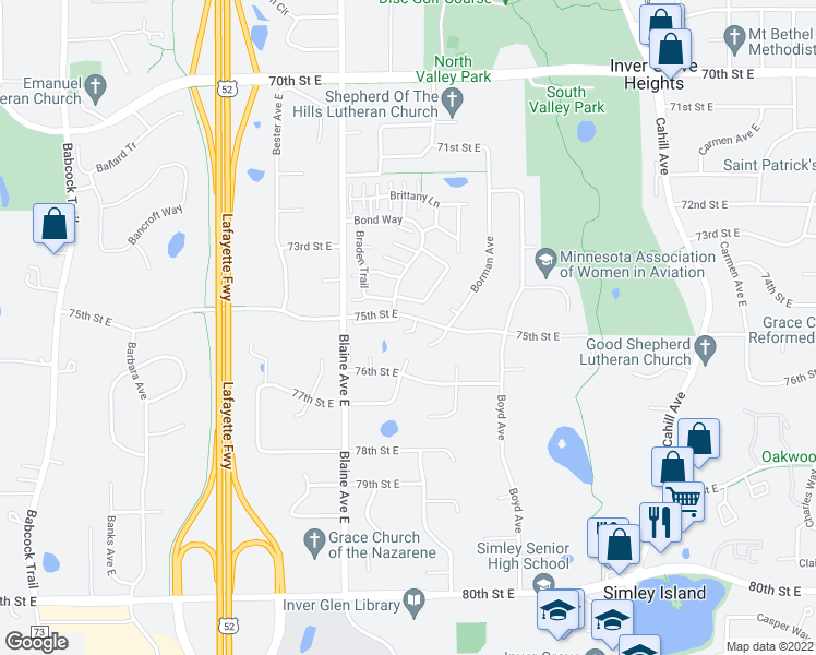 map of restaurants, bars, coffee shops, grocery stores, and more near 2600 75th Street East in Inver Grove Heights