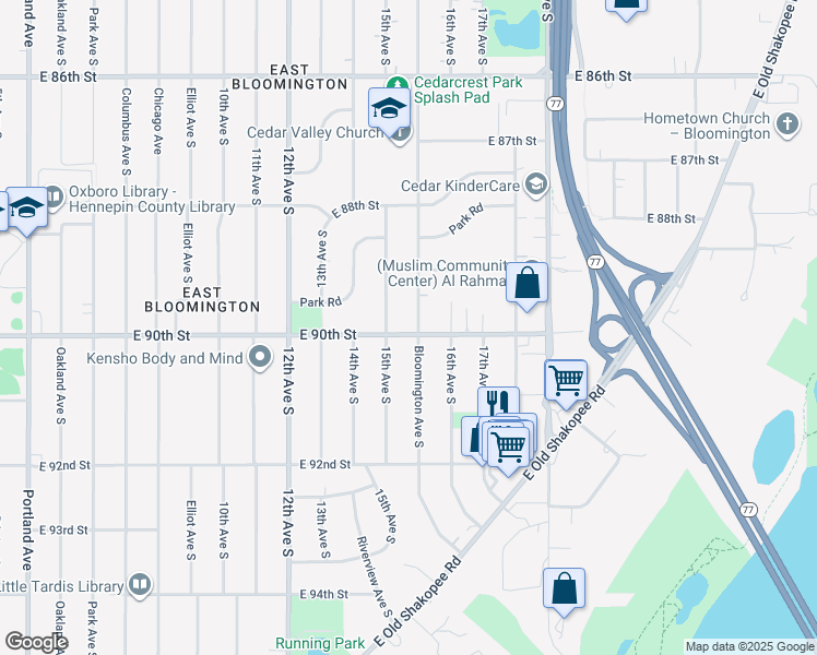 map of restaurants, bars, coffee shops, grocery stores, and more near 1516 East 90th Street in Bloomington