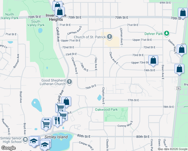 map of restaurants, bars, coffee shops, grocery stores, and more near 7487 Clay Avenue East in Inver Grove Heights