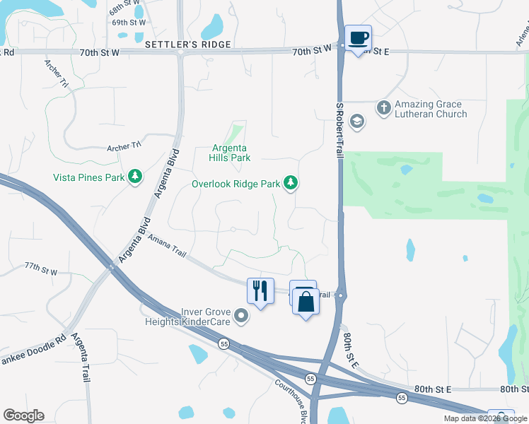 map of restaurants, bars, coffee shops, grocery stores, and more near 1244 76th Street West in Inver Grove Heights