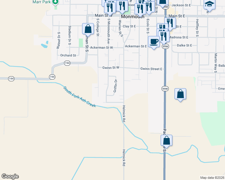 map of restaurants, bars, coffee shops, grocery stores, and more near 828 Griffin Drive in Monmouth