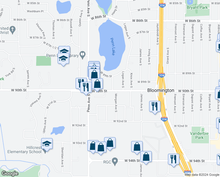 map of restaurants, bars, coffee shops, grocery stores, and more near 2100 West 90th Street in Minneapolis