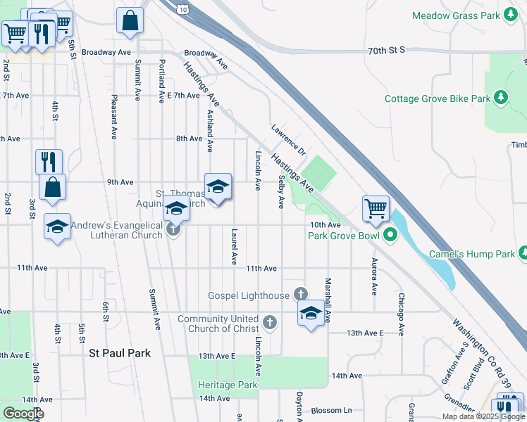 map of restaurants, bars, coffee shops, grocery stores, and more near 932 Lincoln Avenue in Saint Paul Park