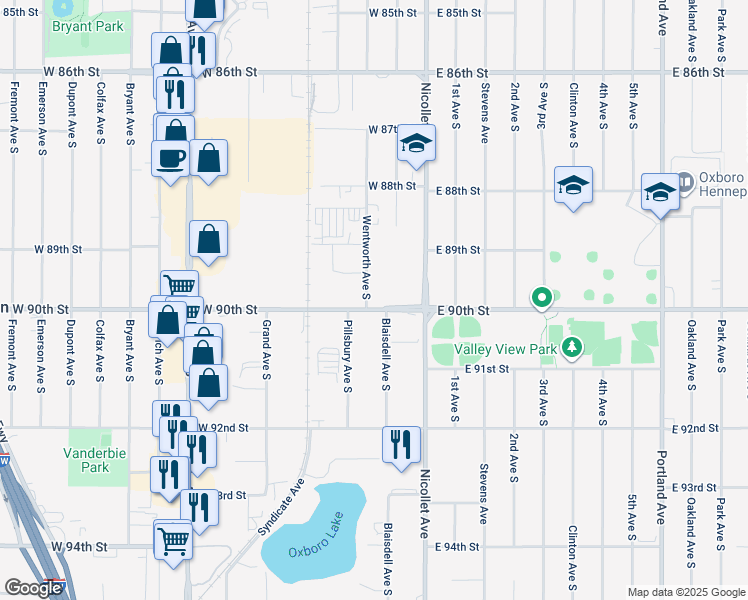 map of restaurants, bars, coffee shops, grocery stores, and more near 156 West 90th Street in Minneapolis
