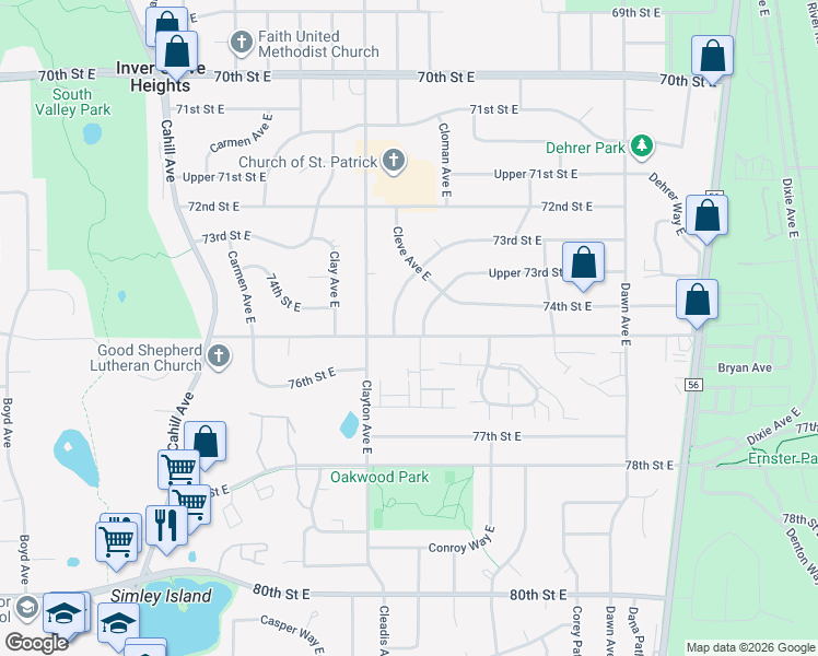 map of restaurants, bars, coffee shops, grocery stores, and more near 3573 75th Street East in Inver Grove Heights