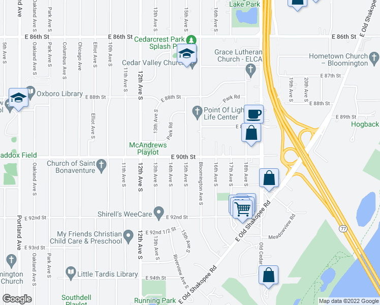 map of restaurants, bars, coffee shops, grocery stores, and more near 1516 East 90th Street in Bloomington