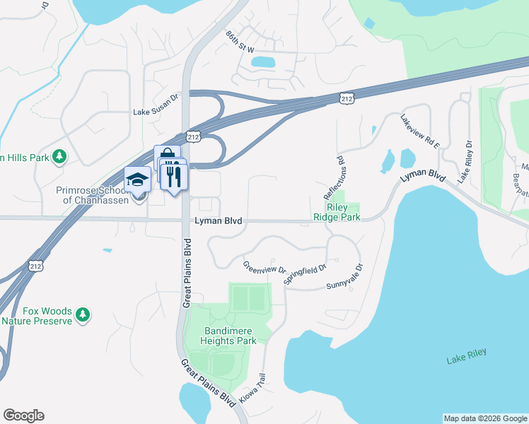 map of restaurants, bars, coffee shops, grocery stores, and more near 500 Lyman Boulevard in Chanhassen
