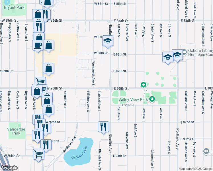 map of restaurants, bars, coffee shops, grocery stores, and more near 30 West 90th Street in Bloomington