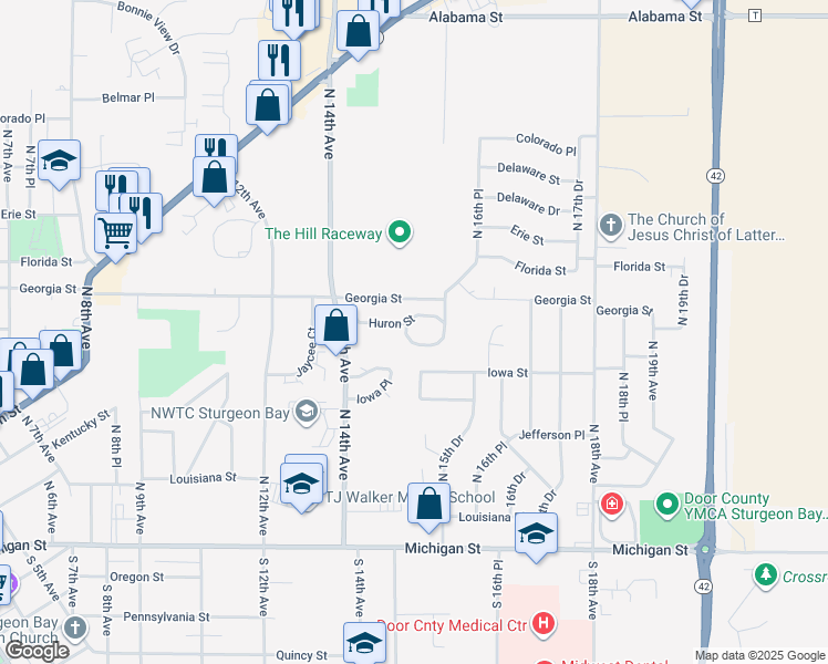 map of restaurants, bars, coffee shops, grocery stores, and more near 1506 Huron Court in Sturgeon Bay