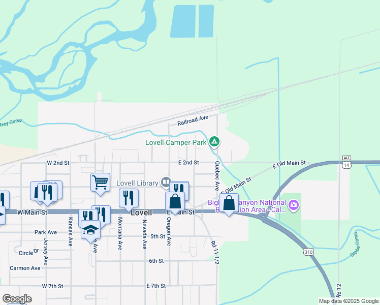 map of restaurants, bars, coffee shops, grocery stores, and more near 135 Big Horn Avenue in Lovell