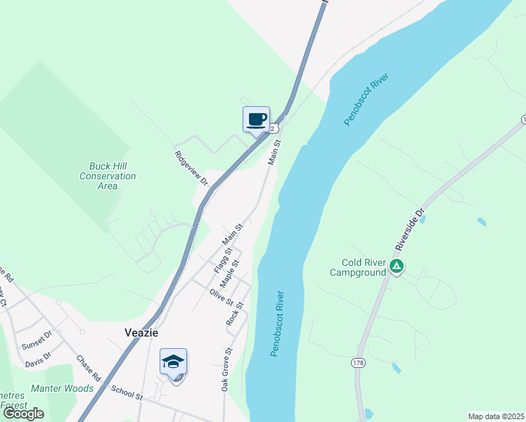 map of restaurants, bars, coffee shops, grocery stores, and more near 1081 Main Street in Veazie