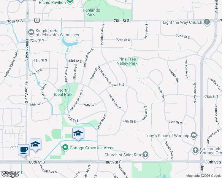 map of restaurants, bars, coffee shops, grocery stores, and more near 9341 75th Street South in Cottage Grove