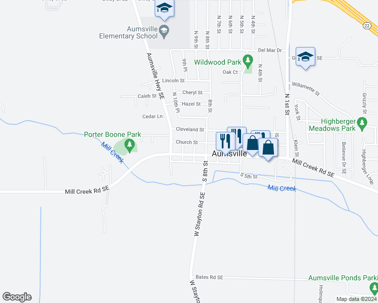 map of restaurants, bars, coffee shops, grocery stores, and more near 915 Main Street in Aumsville