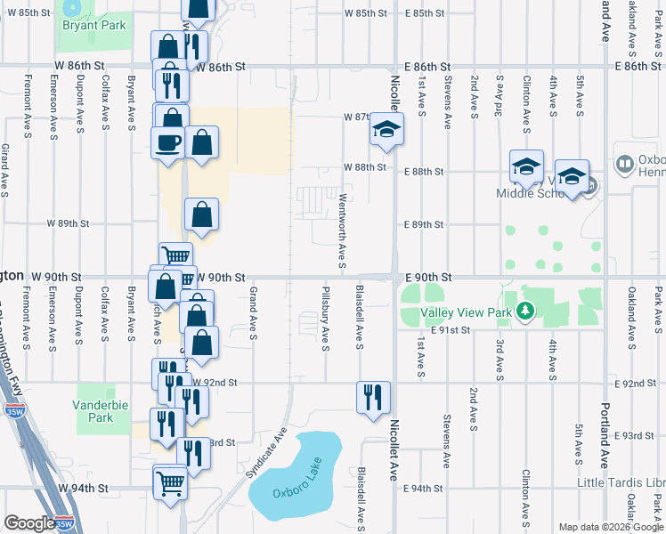 map of restaurants, bars, coffee shops, grocery stores, and more near 8940 Wentworth Avenue South in Minneapolis