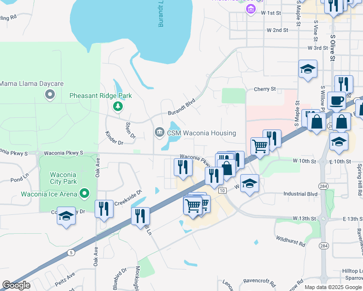 map of restaurants, bars, coffee shops, grocery stores, and more near 800 Meadow Lake Place in Waconia