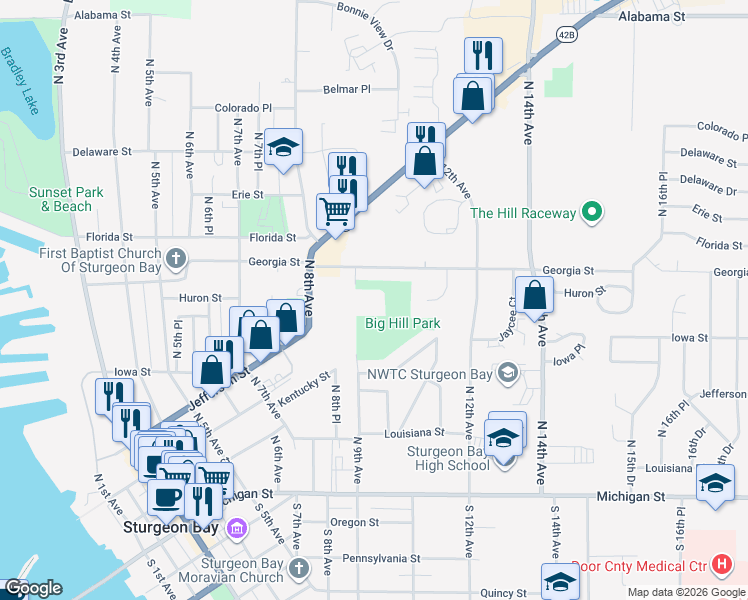 map of restaurants, bars, coffee shops, grocery stores, and more near 500 North 9th Court in Sturgeon Bay