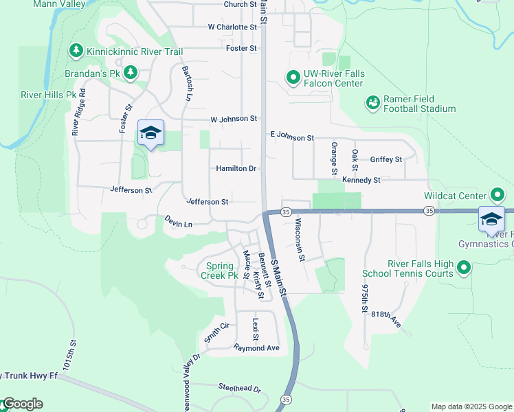 map of restaurants, bars, coffee shops, grocery stores, and more near 100 Jefferson Street in River Falls