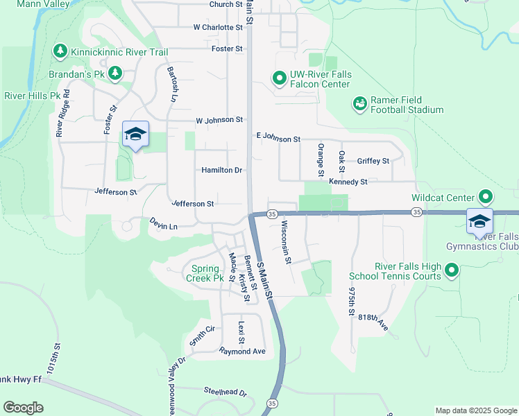 map of restaurants, bars, coffee shops, grocery stores, and more near 100 Jefferson Street in River Falls