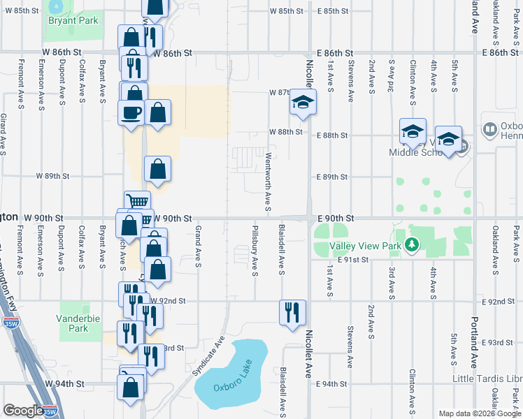 map of restaurants, bars, coffee shops, grocery stores, and more near 8940 Wentworth Avenue South in Minneapolis