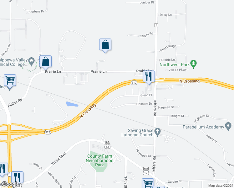 map of restaurants, bars, coffee shops, grocery stores, and more near 1402 Glenn Place in Eau Claire