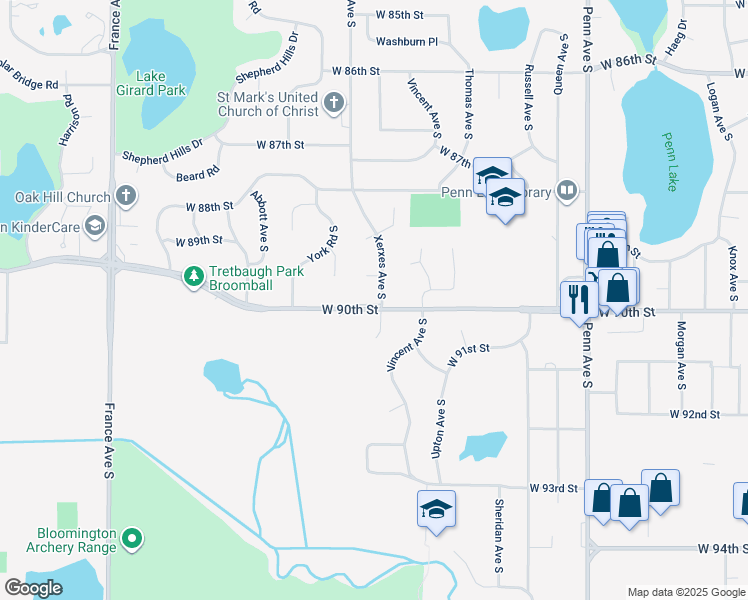 map of restaurants, bars, coffee shops, grocery stores, and more near 8950 Xerxes Avenue South in Bloomington