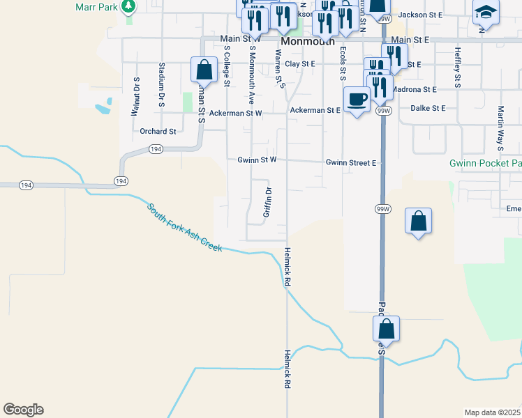 map of restaurants, bars, coffee shops, grocery stores, and more near 828 Griffin Drive in Monmouth