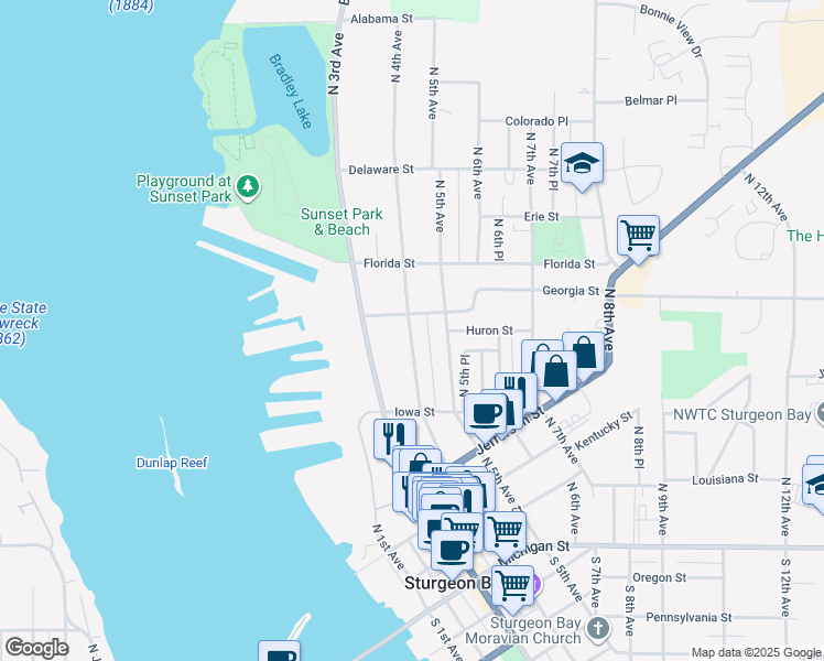 map of restaurants, bars, coffee shops, grocery stores, and more near 511 North 4th Avenue in Sturgeon Bay