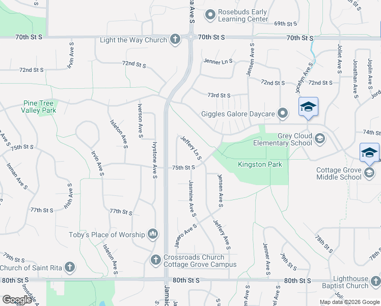 map of restaurants, bars, coffee shops, grocery stores, and more near 7466 Jeffery Lane South in Cottage Grove