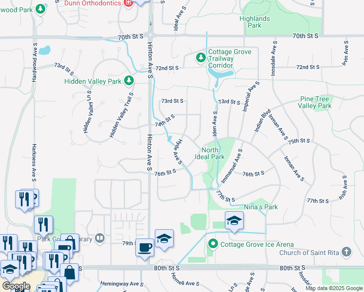 map of restaurants, bars, coffee shops, grocery stores, and more near 7565 Hyde Avenue South in Cottage Grove
